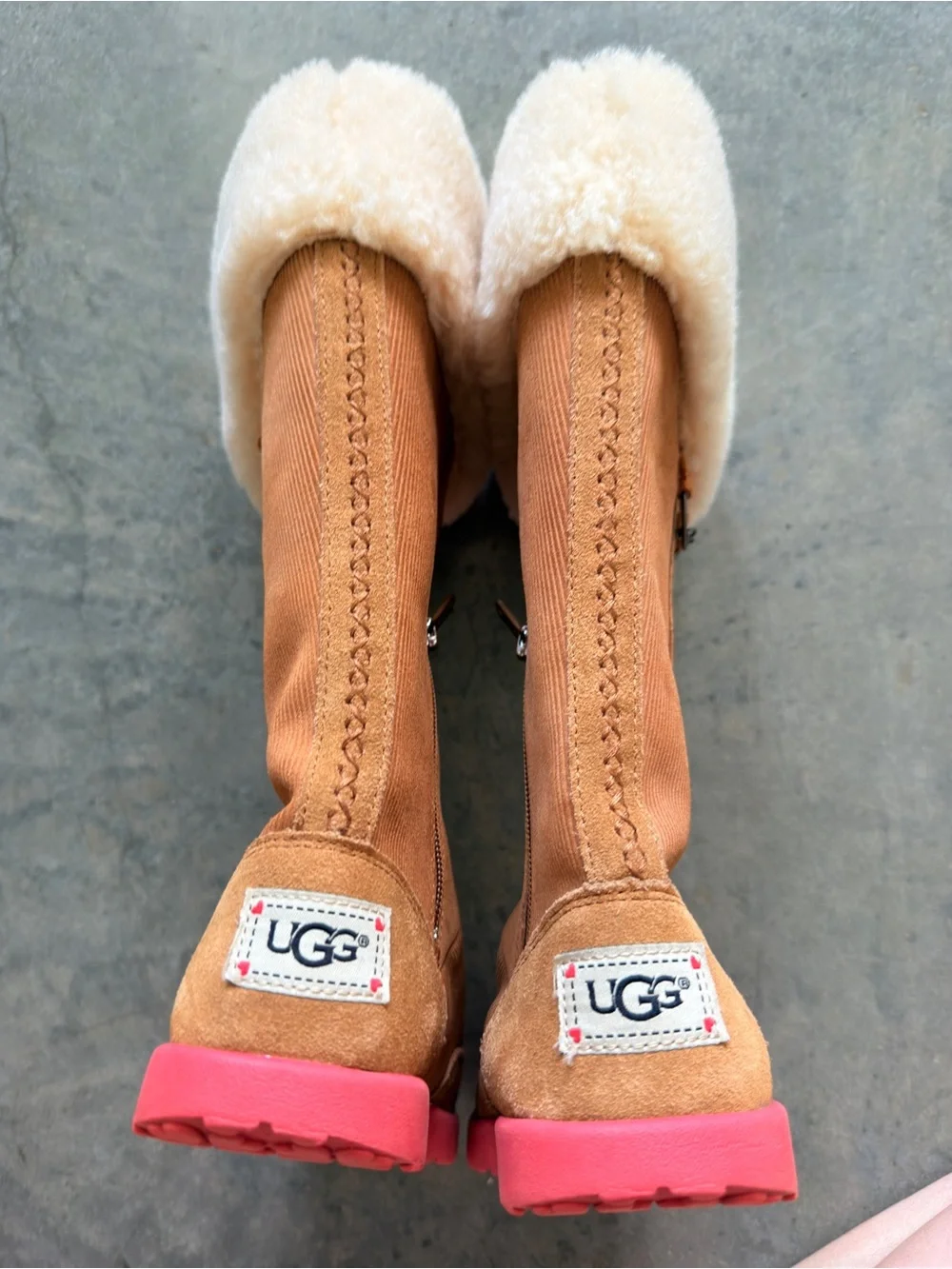 UGG Girls Tall Chestnut Shearling Boots Pink Sole Heart Charm Size 3